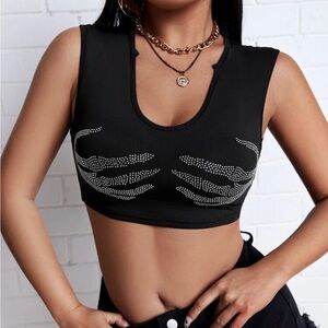 SHEIN Black Crop Top with Rhinestone Skeleton Hands